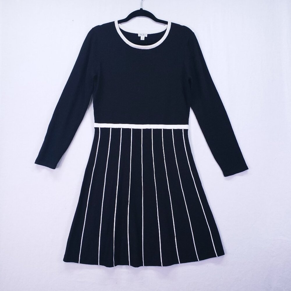 Vintage Spense Black A Line Midi Dress Size M Striped Preppy Party Long Sleeve